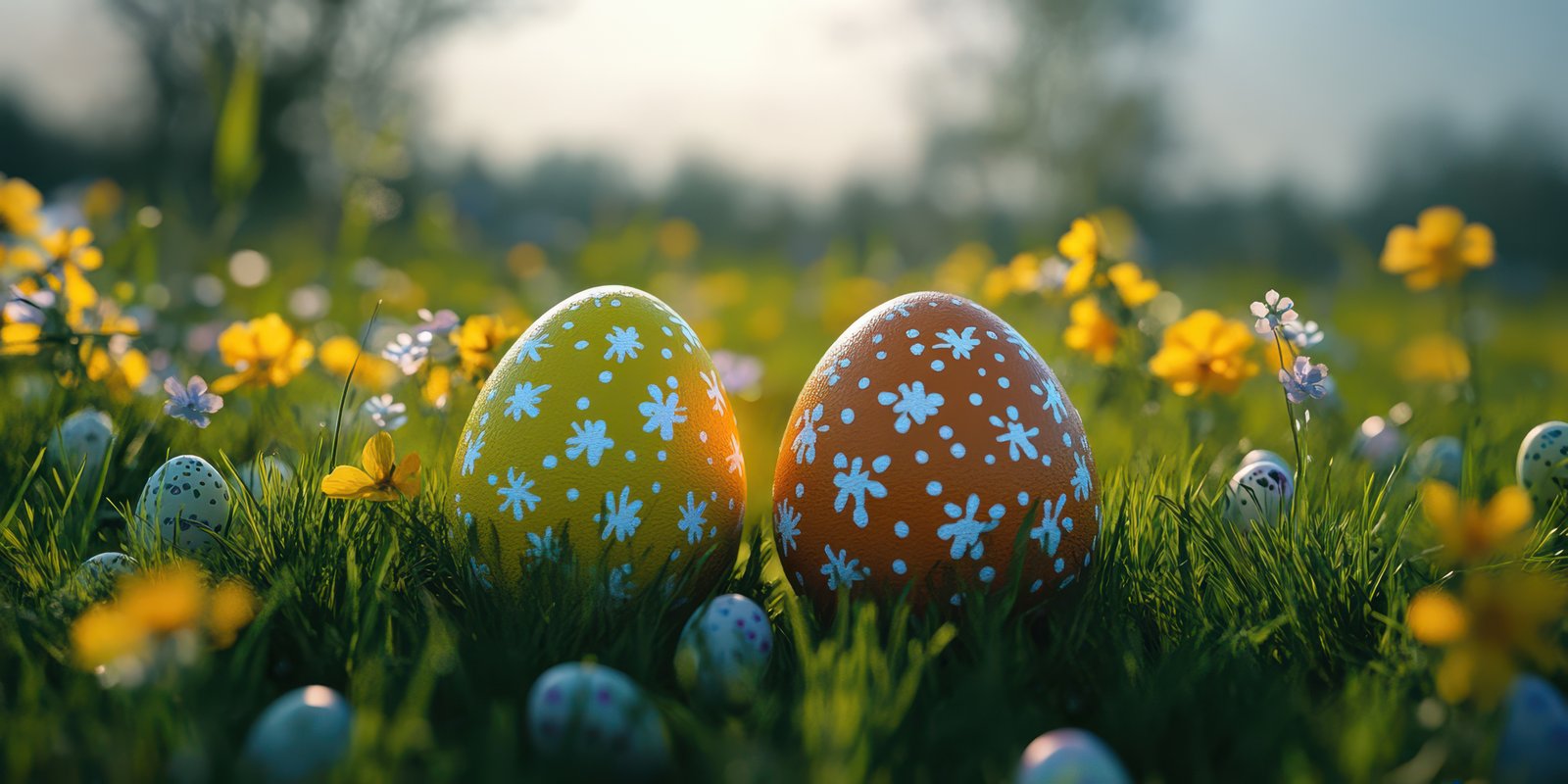 Colorful Easter eggs nestled among vibrant flowers in a sunny grassy field during springtime